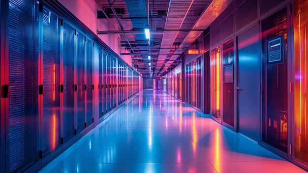 Photo futuristic sci fi style server room or data center with glowing neon lights