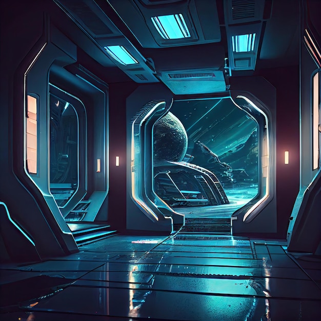 Futuristic science fiction world with scifi futuristic interior created with generative ai