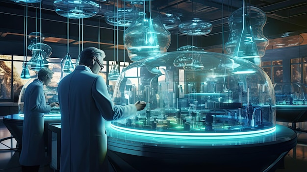 Futuristic scientists conducting experiments in a lab