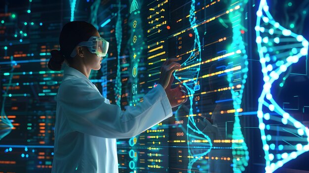 Futuristic scientists harnessing holographic interfaces and AIpowered tools to accelerate genetic