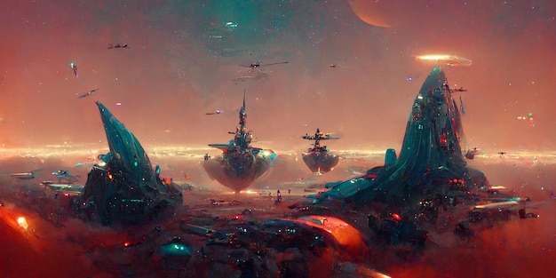 Futuristic sciFi battle space ships hover over an acid ocean of an alien planet, 3d render.