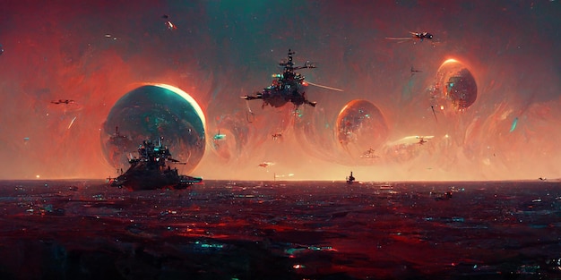 Futuristic sciFi battle space ships hover over an acid ocean of an alien planet, 3d render.