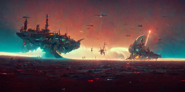 Futuristic sciFi battle space ships hover over an acid ocean of an alien planet, 3d render.