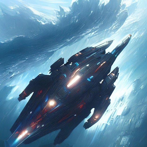 Futuristic scifi battle spaceship hover over an ocean of an alien planet digital painting