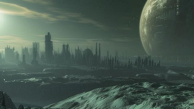 Photo futuristic scifi cityscape with distant planet background