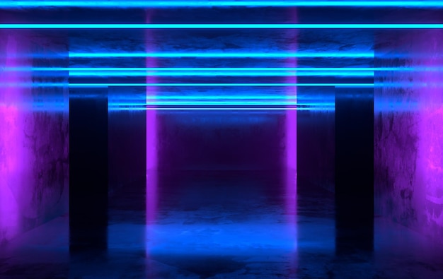 Futuristic scifi concrete room with glowing neon Virtual reality portal vibrant colors