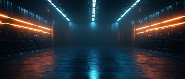 Futuristic SciFi Corridor with Neon Lights and Fog