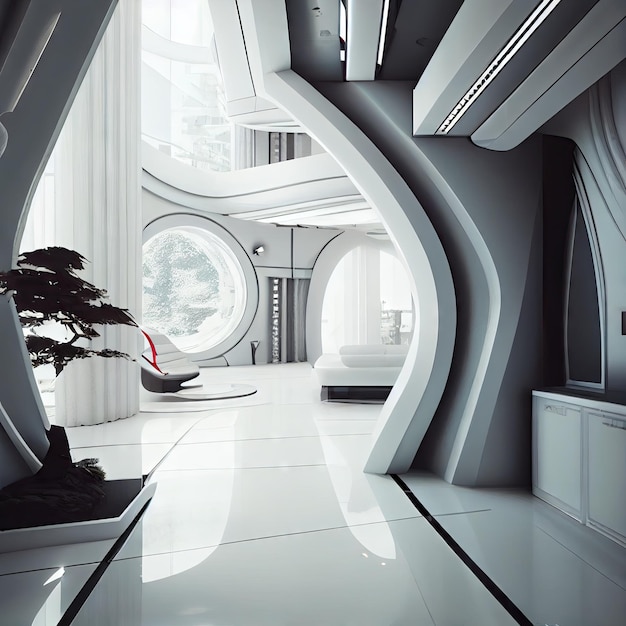 Futuristic scifi futuristic interior with elegant smooth white walls created with generative ai