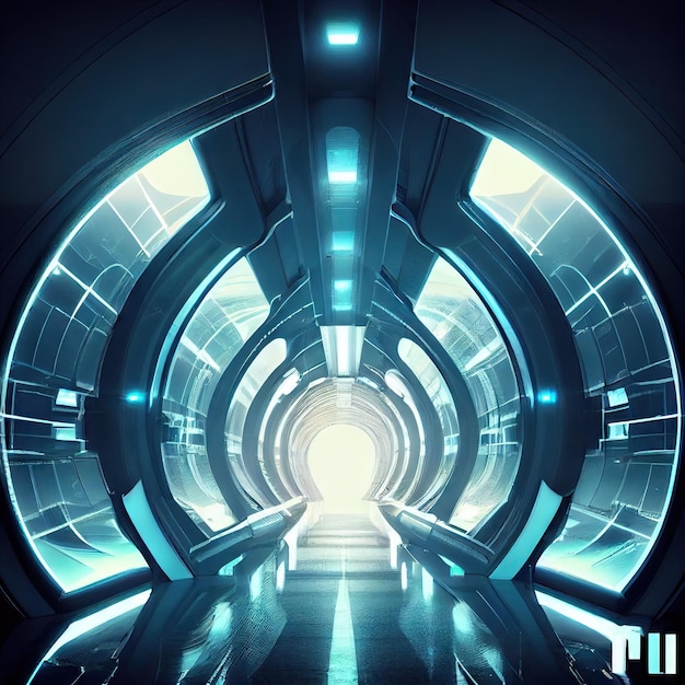 Futuristic scifi futuristic interior with transparent tunnel in front of illuminated future city cre