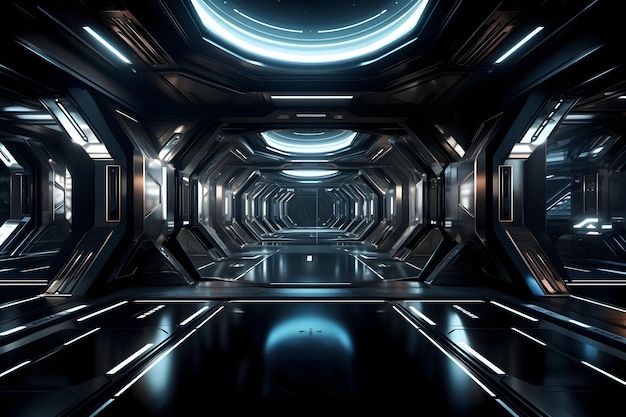 Futuristic SciFi Hallway of a Spaceship Interior with Sleek Geometric Architecture and Glowing Illumination