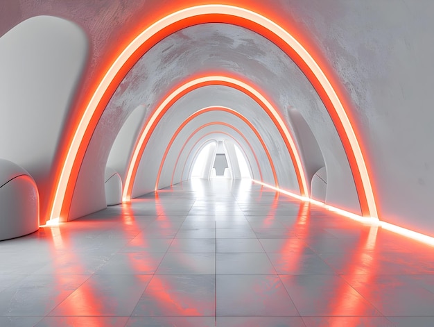 Futuristic SciFi Illuminated Geometric Tunnel Corridor in Minimalist White Interior Design