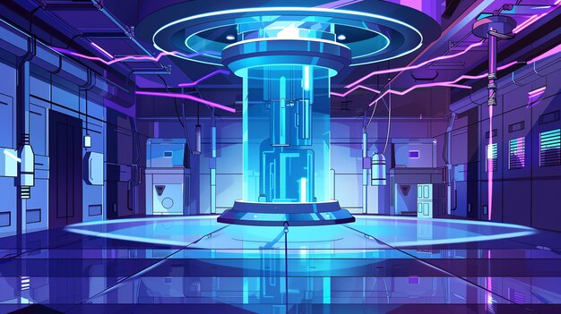 A futuristic scifi lab with glowing blue and purple lights and a large cylindrical device in the center