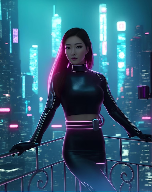 Futuristic scifi portrait asian woman wearing black suit generative art by AI