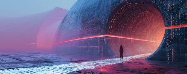 Photo futuristic scifi scene with lone figure walking toward illuminated tunnel surrounded by digital elem