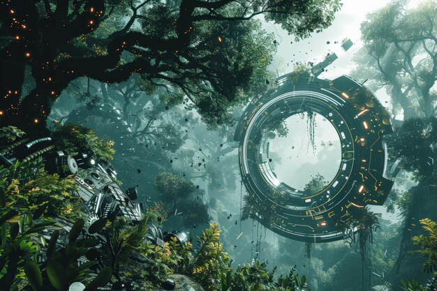 Futuristic scifi scene with a mysterious ring structure in a lush green forest blending advanced technology with natural beauty