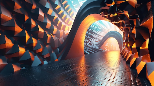 Futuristic scifi tunnel with glowing orange and blue lights 3D rendered abstract background