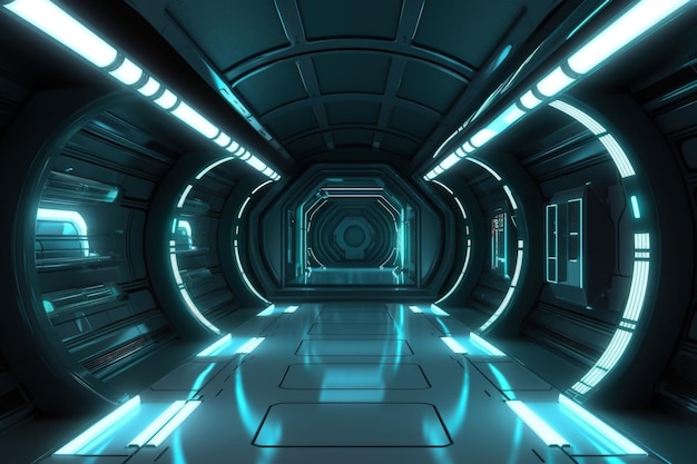 Futuristic SciFi Tunnel with Neon Lights and Reflective Floors