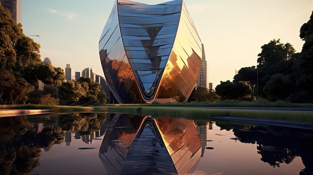 A futuristic scyscraper photo realistic illustration Generative AI Scyscraper building tree pond