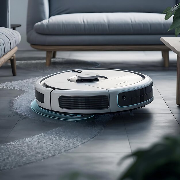 A futuristic selfcleaning robot vacuum navigates a minimalist living room with ease