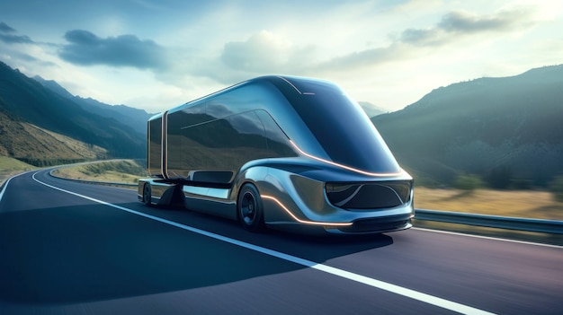 Futuristic semitrailer on the highway highway sunrise or sunset The electric truck carries out international cargo transportation Deserted highway with a truck