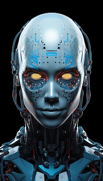 Futuristic and serious humanoid robot head artificial intelligence