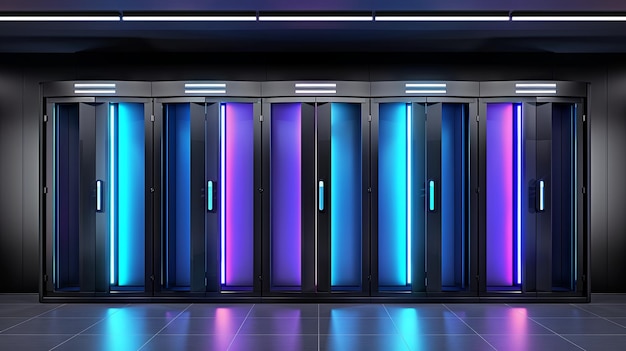 Futuristic server room with neon lights and data center racks