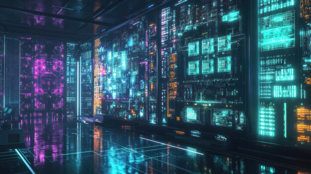 Futuristic Server Room with Neon Lights and Data Displays