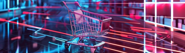 Futuristic Shopping Cart in a Neon Lighted Corridor