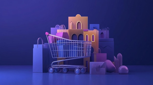 Photo futuristic shopping cart with glowing bags in a digital space ecommerce concept