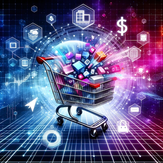 Futuristic Shopping Cart with Various Items