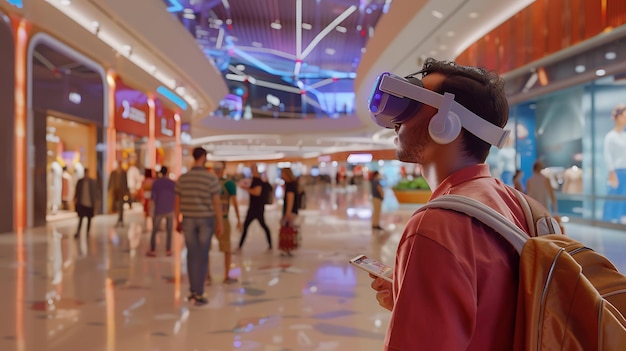 Photo futuristic shopping mall with augmented reality mirrors and virtual tryons in high detail