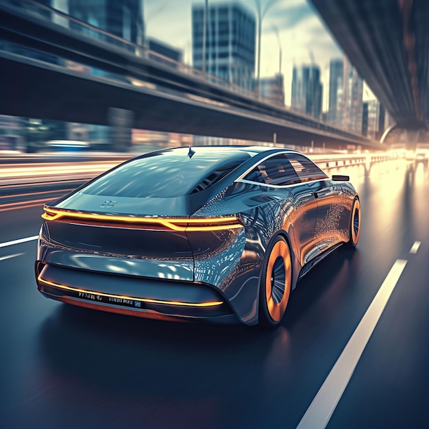 Futuristic shot of a selfdriving car on a busy highway with sleek aerodynamic lines and cuttinge