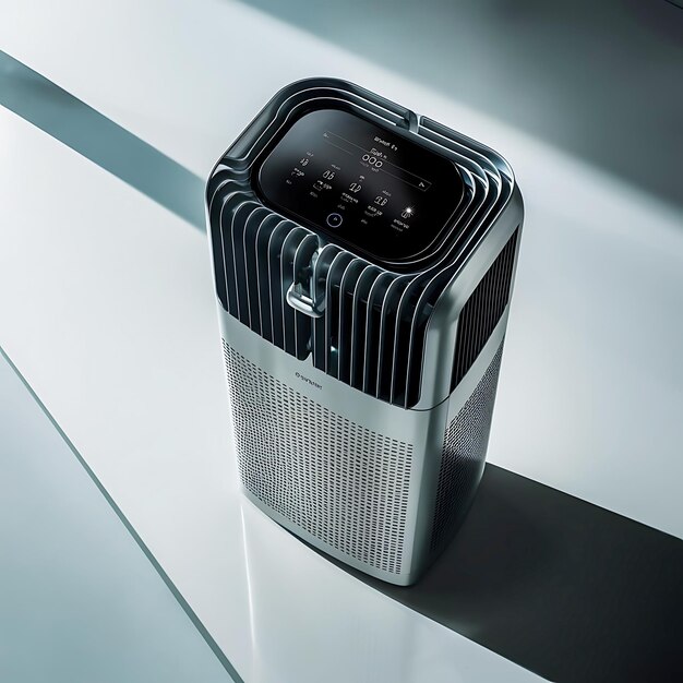 Futuristic Silver Air Purifier with Illuminated Digital Display on Clean White Surface