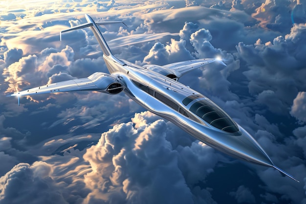 Futuristic Silver Aircraft Flying Above the Clouds