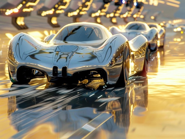 Photo futuristic silver sports car on track