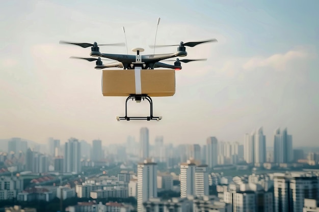 Futuristic Skyline Delivery Drone with Package Flying Over Cityscape