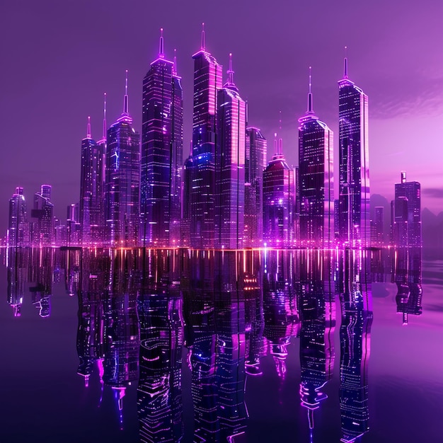 Photo futuristic skyline of purple skyscrapers reflected in magenta water at night