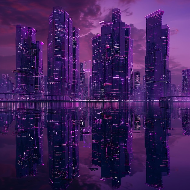 Photo futuristic skyline of purple skyscrapers reflected in magenta water at night