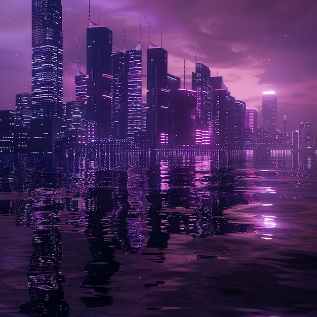 Photo futuristic skyline of purple skyscrapers reflected in magenta water at night