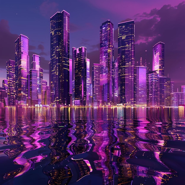 Photo futuristic skyline of purple skyscrapers reflected in magenta water at night