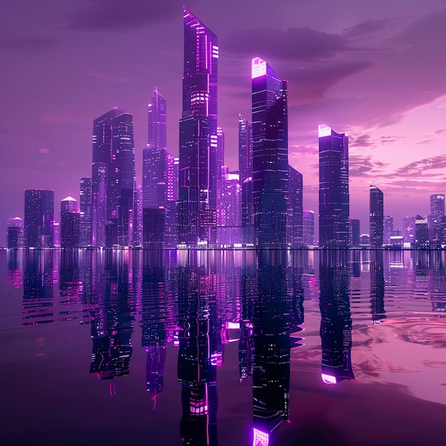 Futuristic skyline of purple skyscrapers reflected in magenta water at night