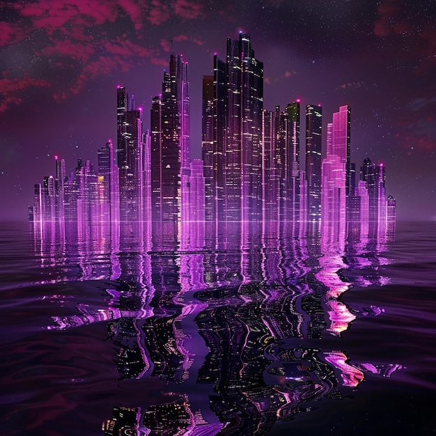 Photo futuristic skyline of purple skyscrapers reflected in magenta water at night