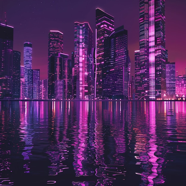 Photo futuristic skyline of purple skyscrapers reflected in magenta water at night