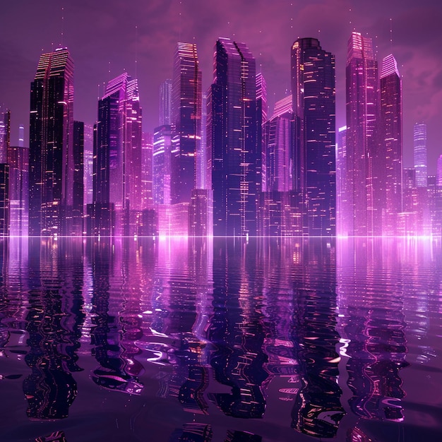 Futuristic skyline of purple skyscrapers reflected in magenta water at night