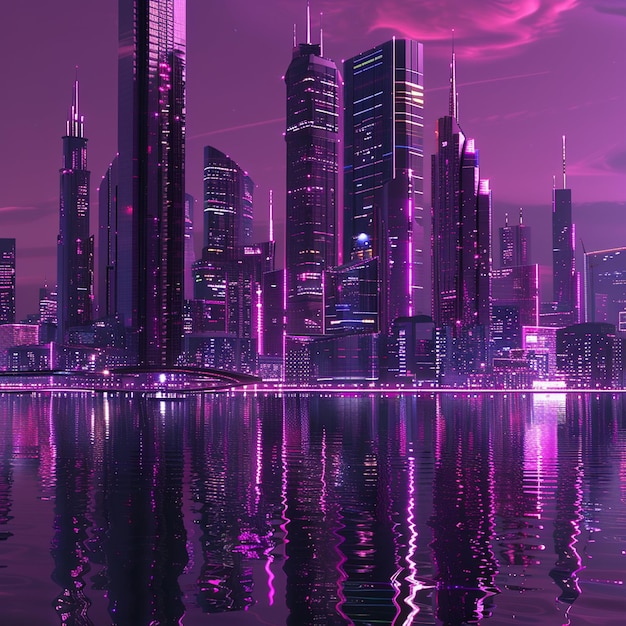 Photo futuristic skyline of purple skyscrapers reflected in magenta water at night