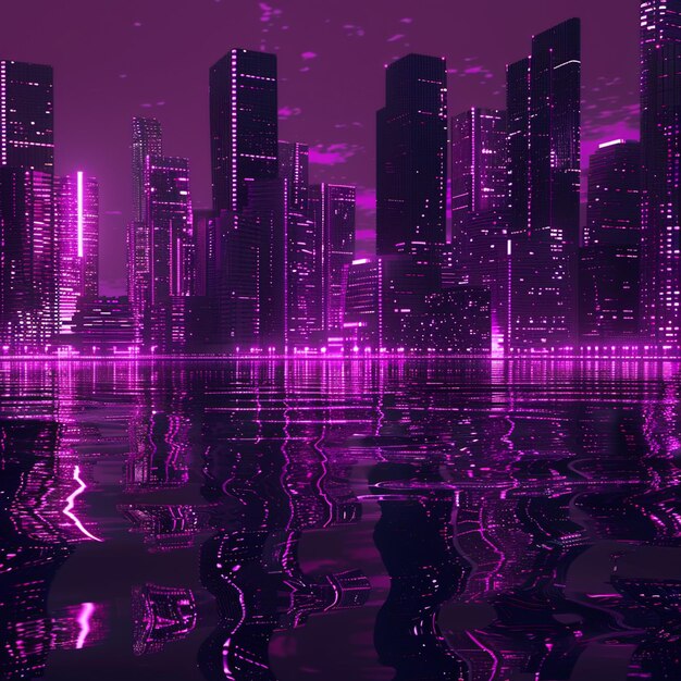 Photo futuristic skyline of purple skyscrapers reflected in magenta water at night