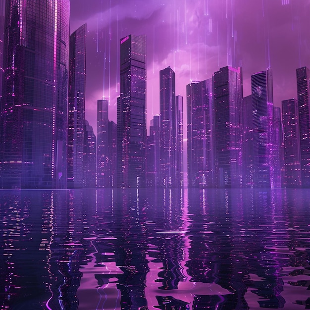 Photo futuristic skyline of purple skyscrapers reflected in magenta water at night