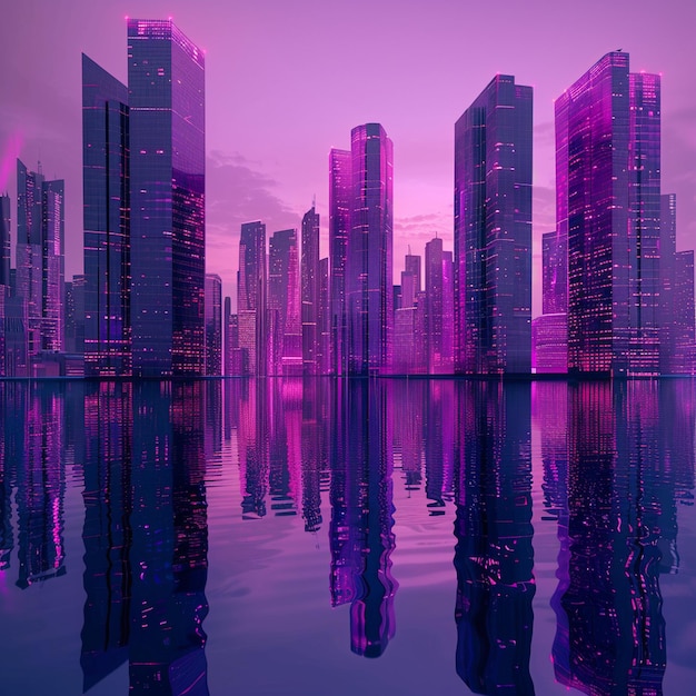 Photo futuristic skyline of purple skyscrapers reflected in magenta water at night