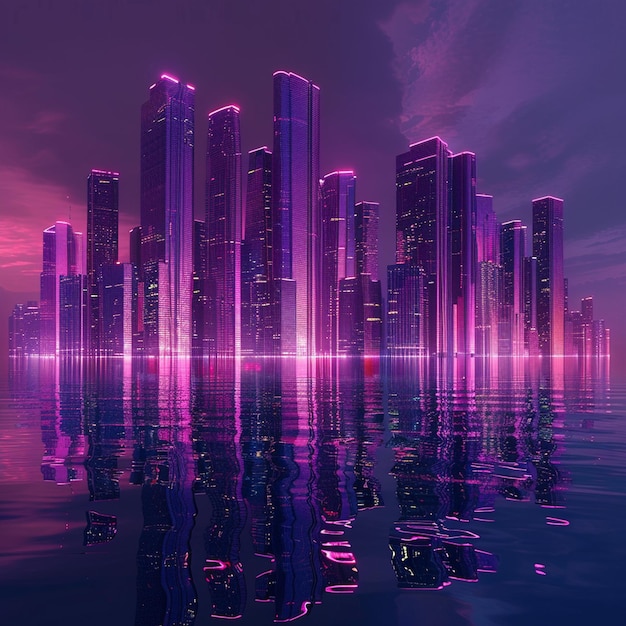 Futuristic skyline of purple skyscrapers reflected in magenta water at night