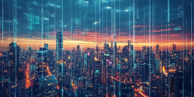 Photo futuristic skyline with digital light streams at dusk